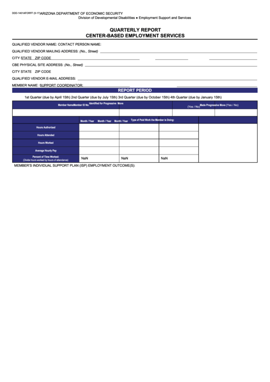 Fillable Form Ddd-1401a - Quarterly Report Center-Based Employment Services Printable pdf