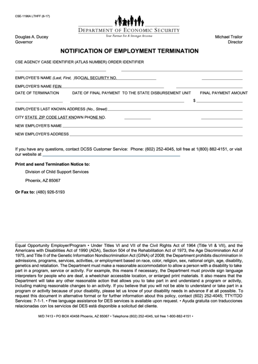 Fillable Form Cse-1196a - Notification Of Employment Termination Printable pdf