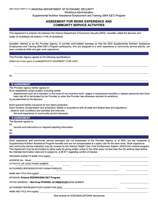 Fillable Form Sna-1023a - Agreement For Work Experience And Community Service Activities Printable pdf