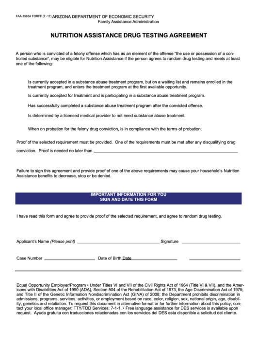 Fillable Form Faa-1562a - Nutrition Assistance Drug Testing Agreement Printable pdf