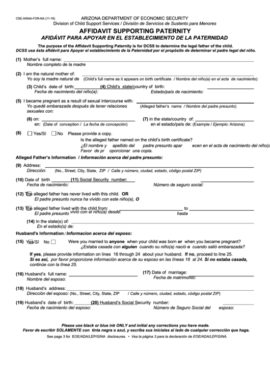 Fillable Form Cse-0454a - Affidavit Supporting Paternity Printable pdf