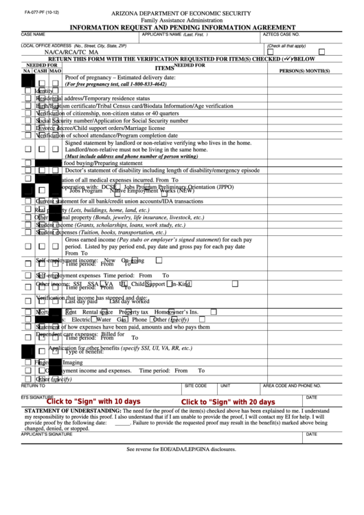Fillable Form Fa-077-Pf - Information Request And Pending Information Agreement Printable pdf