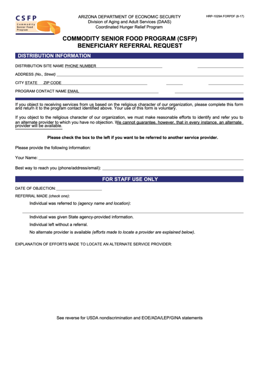 Fillable Form Hrp-1029a - Commodity Senior Food Program (Cfsp) Beneficiary Referral Request Printable pdf