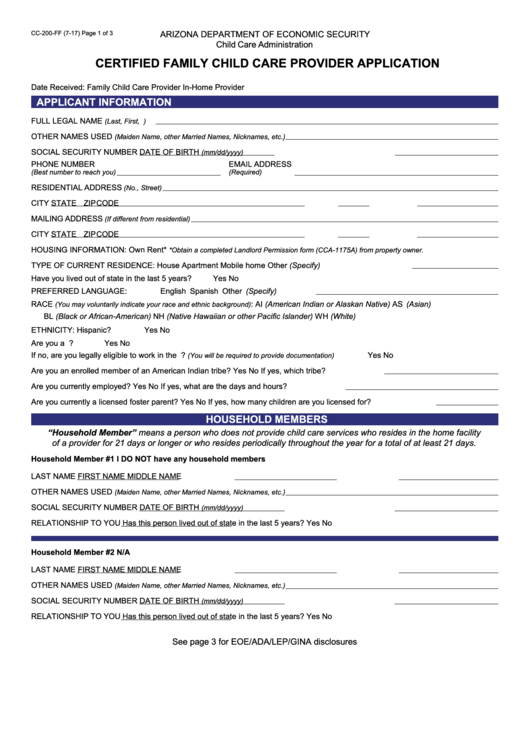 Fillable Form Cc-200 - Certified Family Child Care Provider Application Printable pdf