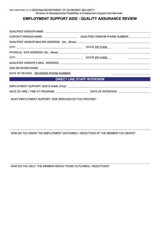 Fillable Form Ddd-1404c - Employment Support Aide - Quality Assurance Review Printable pdf