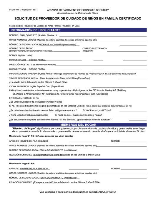 Fillable Form Cc-200 - Solicitud De Proveedor De Cuidado De Ninos En Familia Certificado Printable pdf