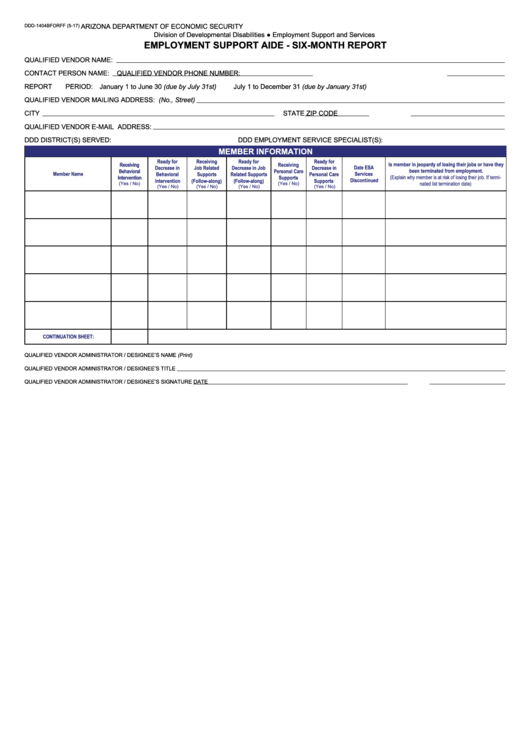 Fillable Form Ddd-1404b - Employment Support Aide - Six-Month Report Printable pdf