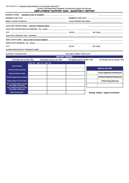 Fillable Form Ddd-1404a - Employment Support Aide - Quarterly Report Printable pdf