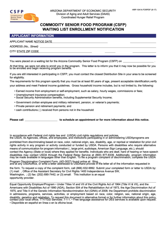 Fillable Form Hrp-1041a - Commodity Senior Food Program (Csfp) Waiting List Enrollment Notification Printable pdf