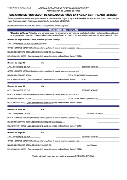 Fillable Form Cc-200-A - Solicitud De Proveedor De Cuidado De Ninos En Familia Certificado Printable pdf