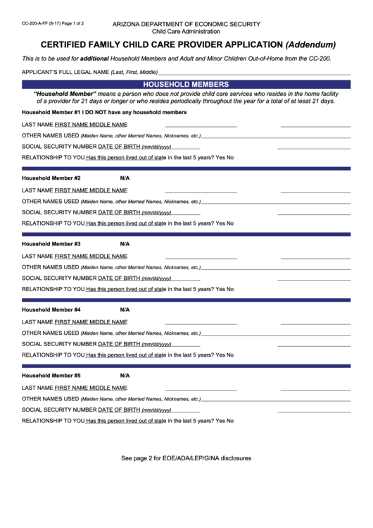 Fillable Form Cc-200-A - Certified Family Child Care Provider Application Printable pdf