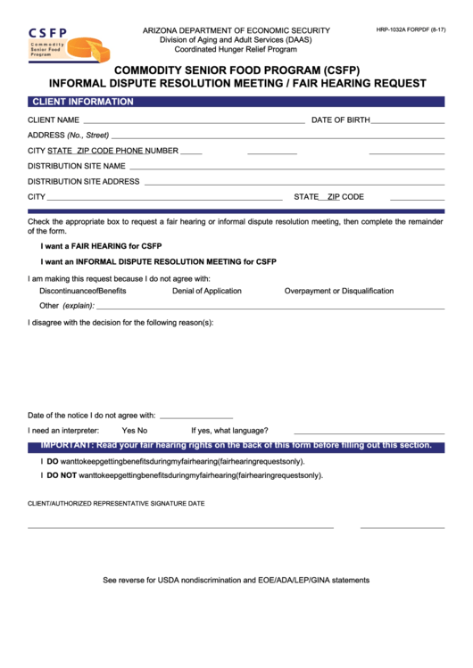 Fillable Form Hrp-1032a - Commodity Senior Food Program (Csfp) Informal Dispute Resolution Meeting / Fair Hearing Request Printable pdf