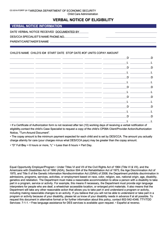 Fillable Form Cc-031a - Verbal Notice Of Eligibility Printable pdf
