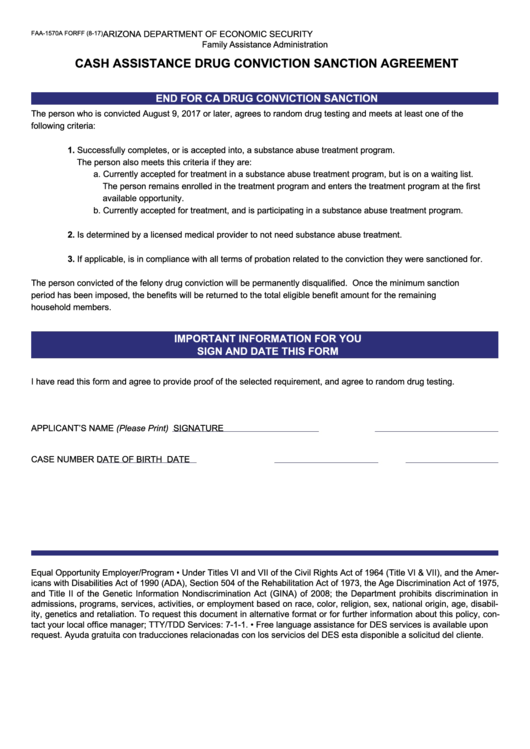 Fillable Form Faa-1570a - Cash Assistance Drug Conviction Sanction Agreement Printable pdf