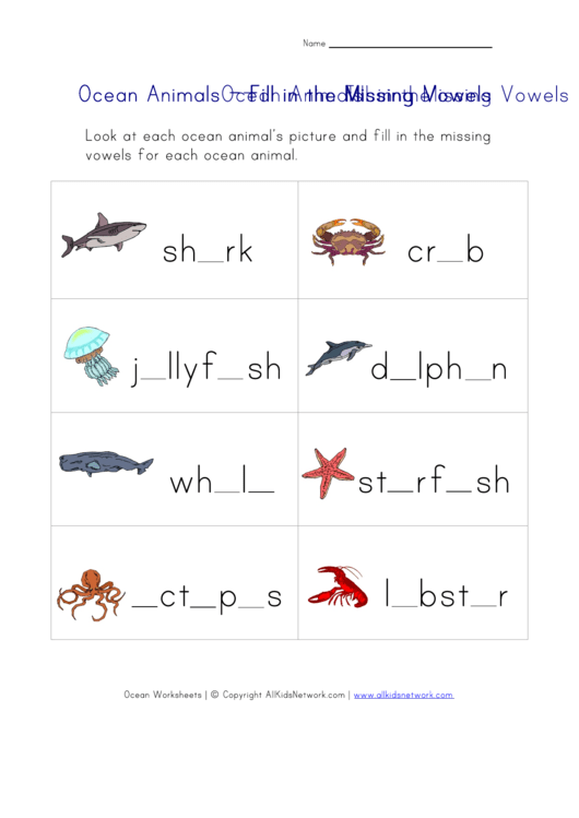 Ocean Animals Fill In The Missing Vowels - Word Game Template Printable pdf