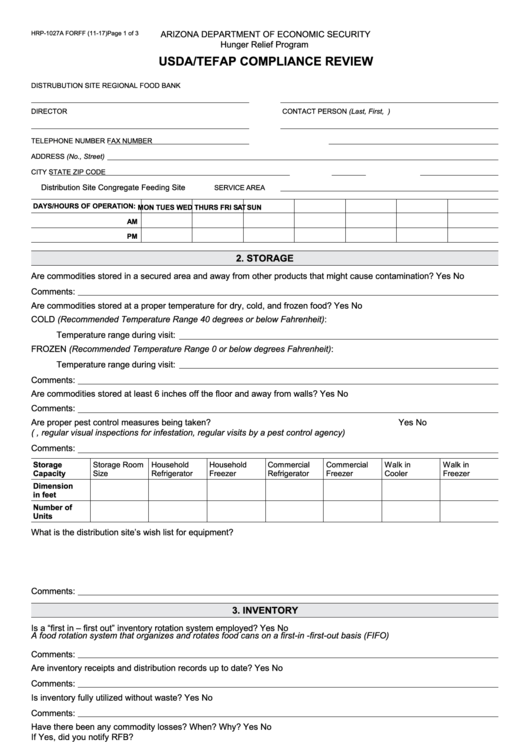 Fillable Form Hrp-1027a - Usda/tefap Compliance Review Printable pdf