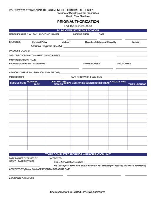 Fillable Form Ddd-1662a - Prior Authorization Printable pdf