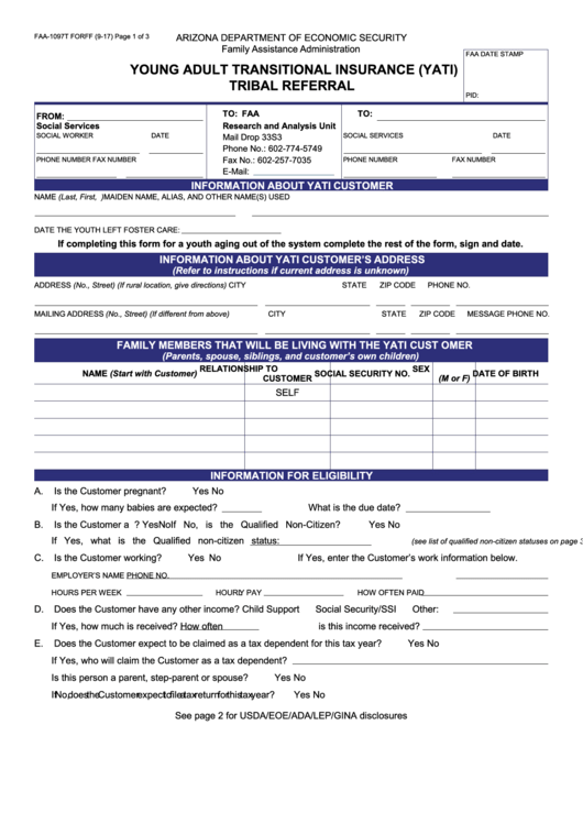 Fillable Form Faa-1097t - Young Adult Transitional Insurance (Yati) Tribal Referral Printable pdf