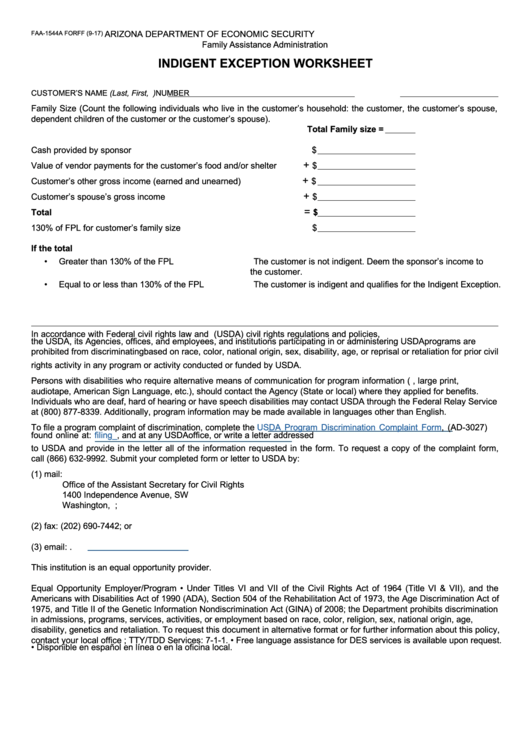 Fillable Form Faa-1544a - Indigent Exception Worksheet Printable pdf