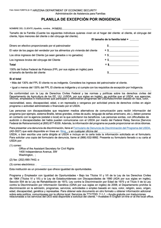 Fillable Form Faa-1544a - Planilla De Excepcion Por Indigencia Printable pdf