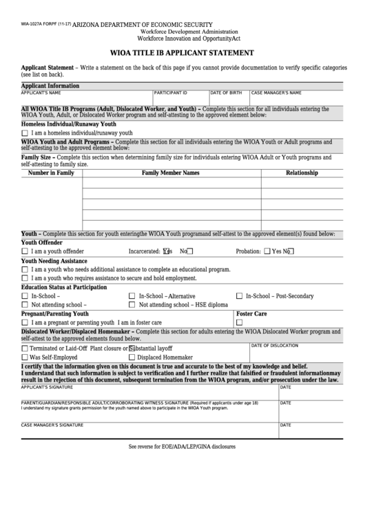 Fillable Form Wia-1027a - Wioa Title Ib Applicant Statement Printable pdf