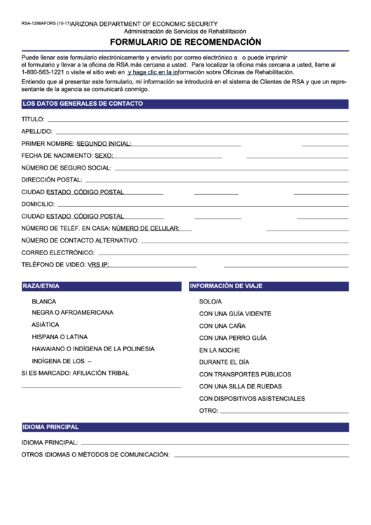 Fillable Form Rsa-1298a - Formulario De Recomendacion Printable pdf