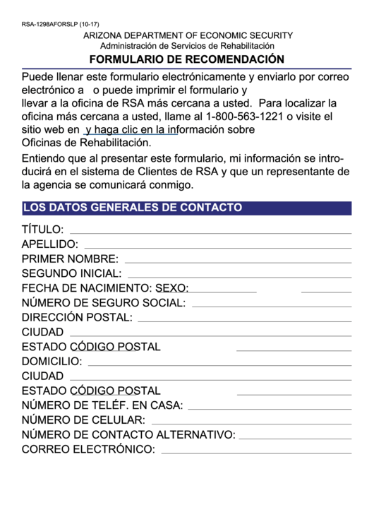 Fillable Form Rsa-1298a - Formulario De Recomendacion Printable pdf