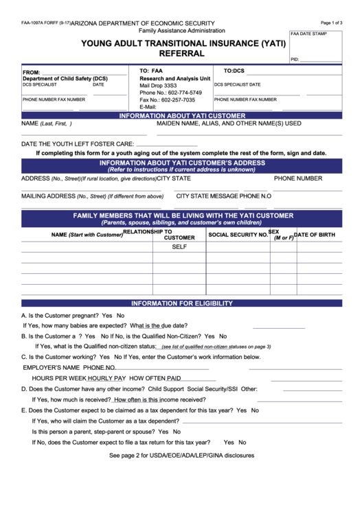 Fillable Form Faa-1097a - Young Adult Transitional Insurance (Yati) Referral Printable pdf
