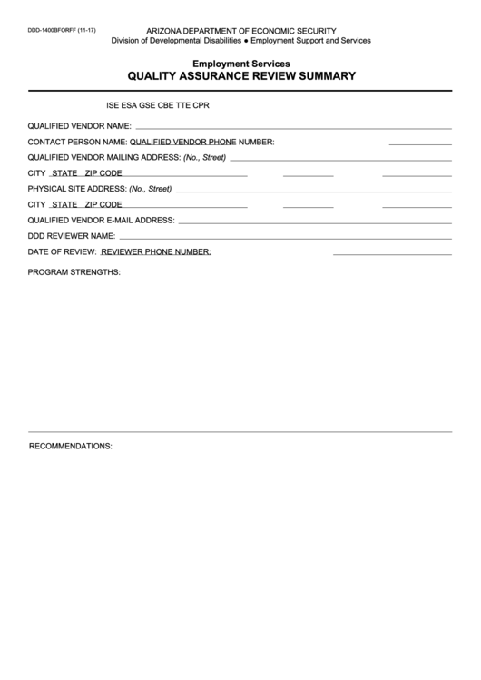 Fillable Form Ddd-1400b - Quality Assurance Review Summary Printable pdf