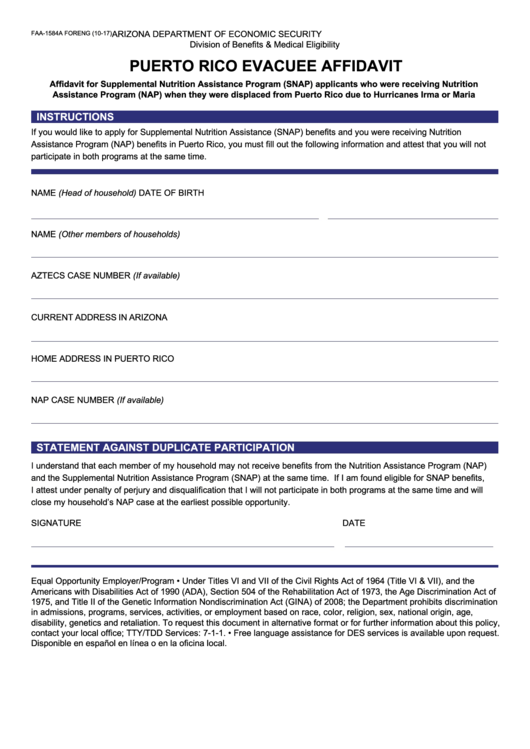 Fillable Form Faa-1584a - Puerto Rico Evacuee Affidavit Printable pdf
