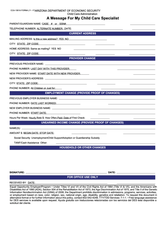 Fillable Form Cca-1061a - A Message For My Child Care Specialist Printable pdf