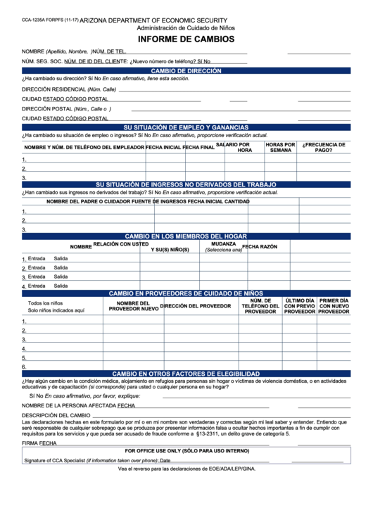 Fillable Form Cca-1235a - Informe De Cambios Printable pdf