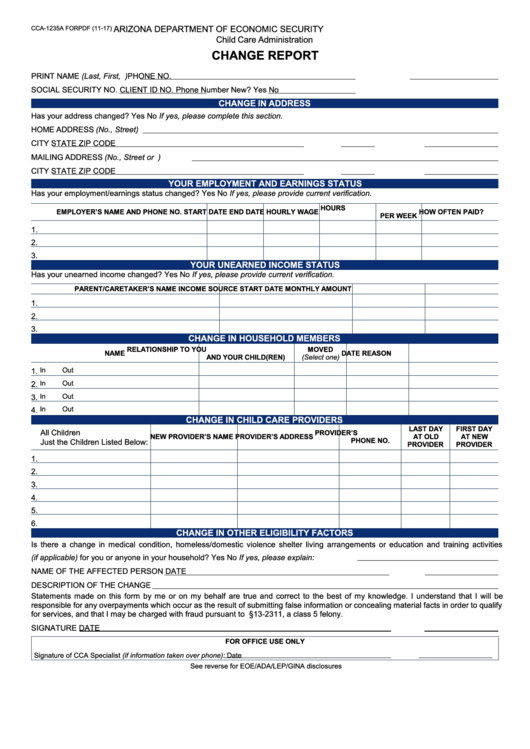 Fillable Form Cca-1235a - Change Report Printable pdf