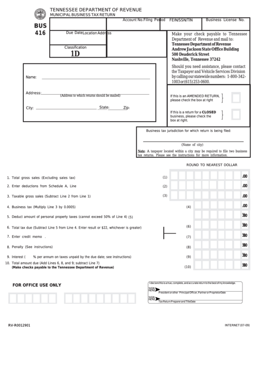 Form Bus 416 - Municipal Business Tax Return - Classification 1d Printable pdf