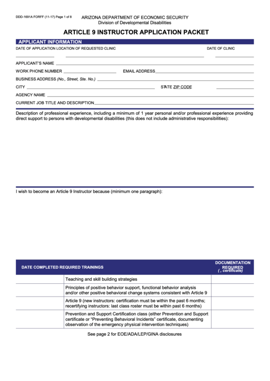 Form Ddd-1691a - Article 9 Instructor Application Packet Printable pdf