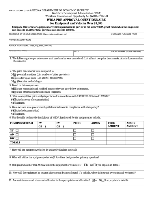 Form Wia-1011a - Wioa Pre-Approval Questionnaire Printable pdf