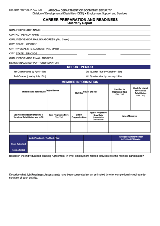 Fillable Form Ddd-1406a - Career Preparation And Readiness Quarterly Report Printable pdf