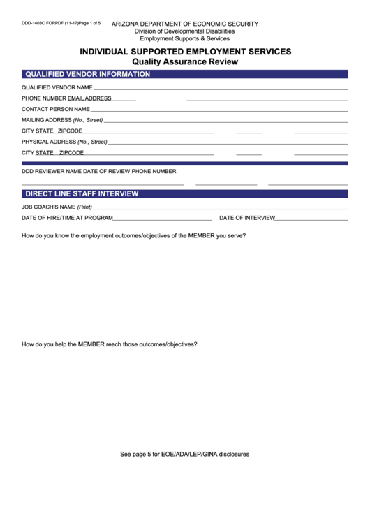 Fillable Form Ddd-1403c - Individual Supported Employment Services Quality Assurance Review Printable pdf