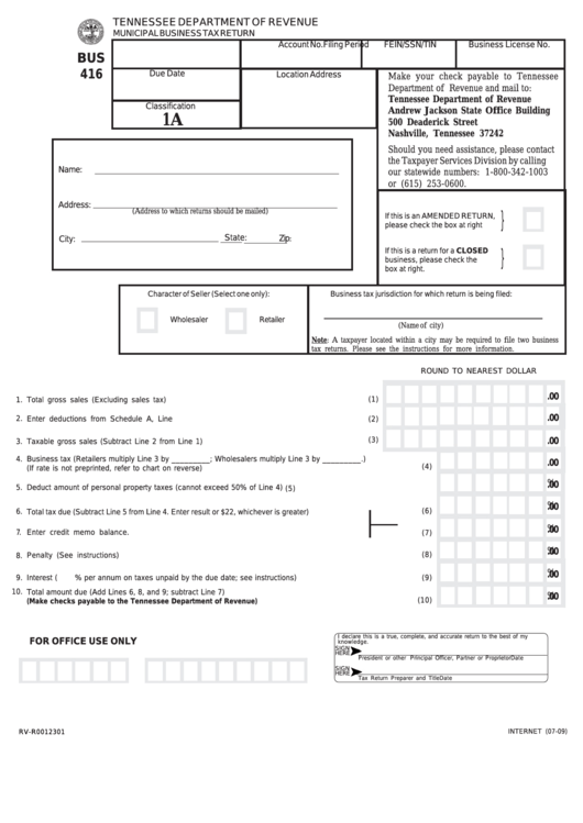 Fillable Form Bus 416 - Municipal Business Tax Return - Classification 1a - Fillable Printable pdf