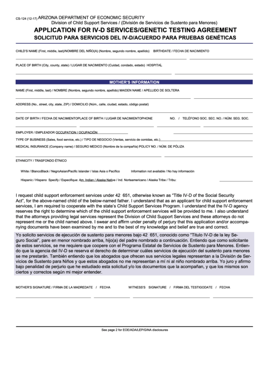 Fillable Form Cs-124 - Application For Iv-D Services/genetic Testing Agreement Printable pdf