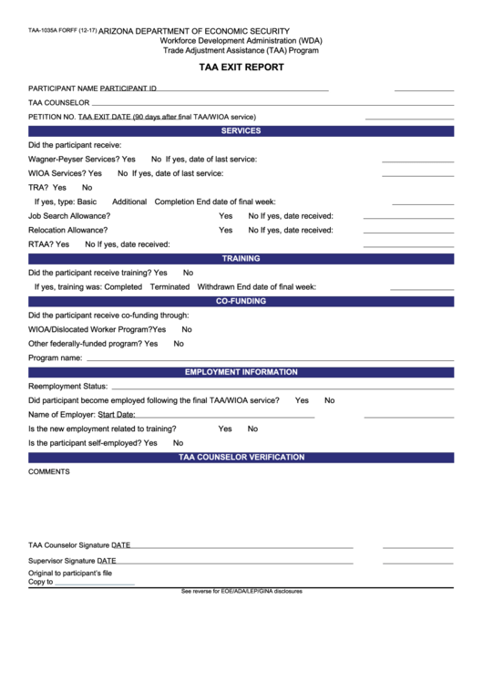 Fillable Form Taa-1035a - Taa Exit Report Printable pdf