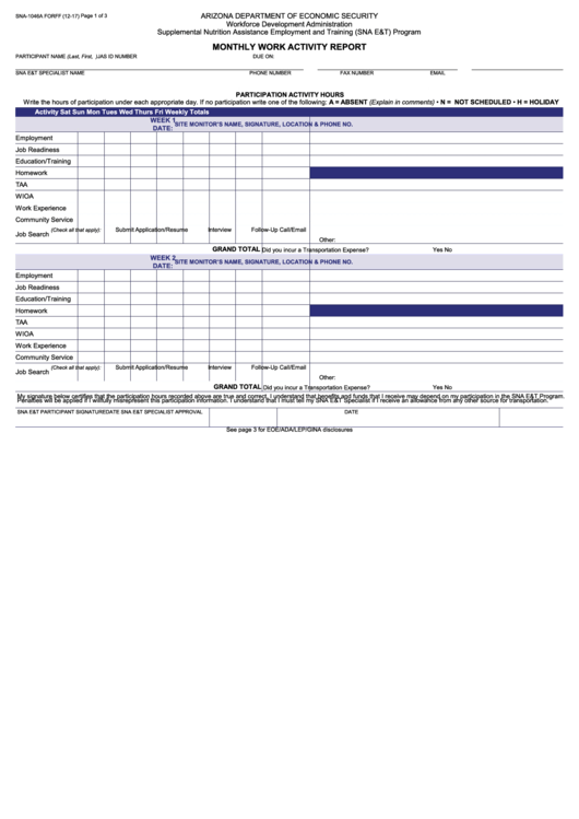 Fillable Form Sna-1046a - Monthly Work Activity Report Printable pdf