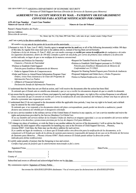 Fillable Form Cse-1281a - Agreement To Accept Service By Mail-Paternity Or Establishment Printable pdf