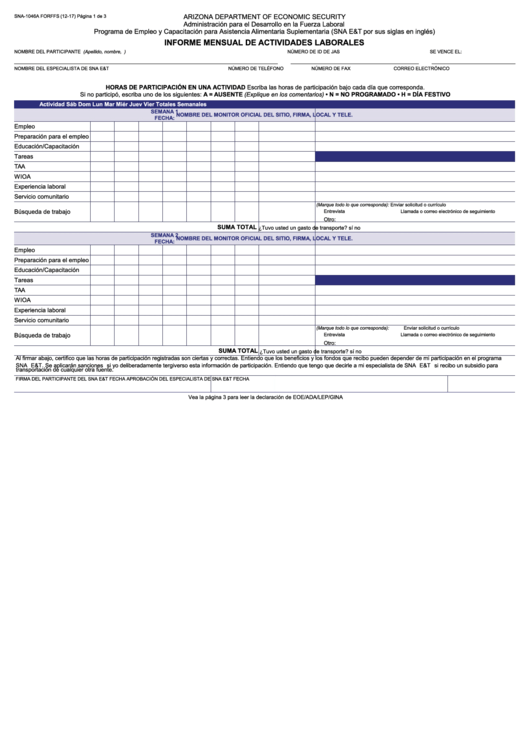 Fillable Form Sna-1046a - Informe Mensual De Actividades Laborales Printable pdf