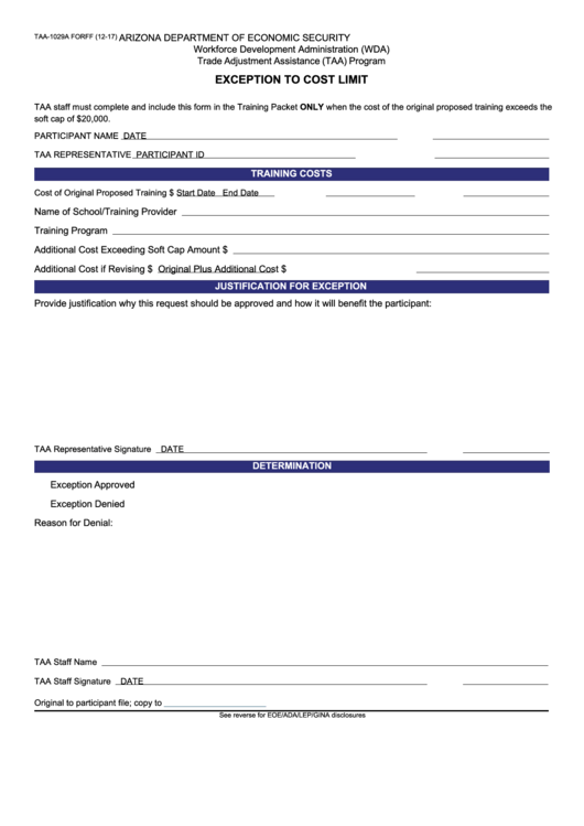 Fillable Form Taa-1029a - Exception To Cost Limit Printable pdf