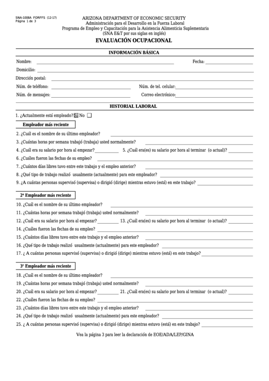 Fillable Form Sna-1008a - Evaluacion Ocupacional Printable pdf