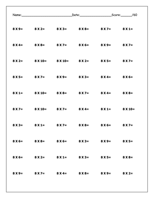Multiplying By Eight Worksheet Printable pdf