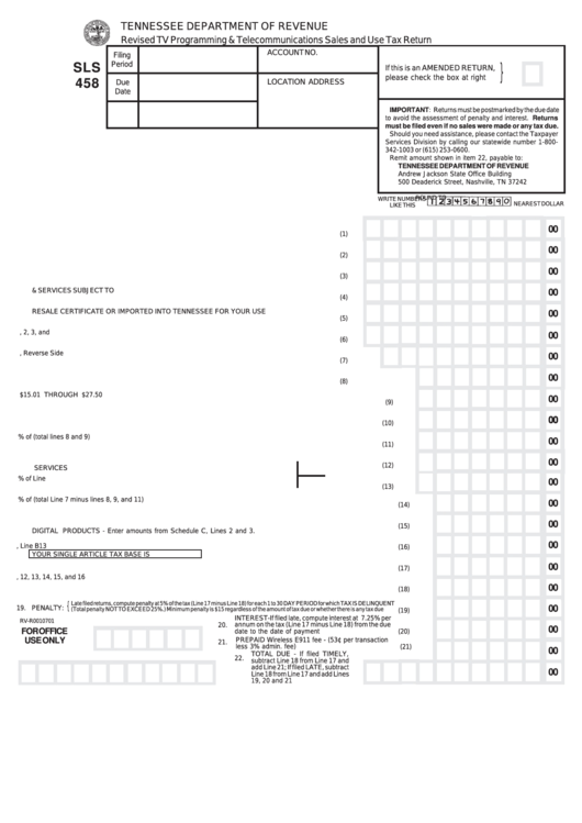 Fillable Form Sls 458 - Revised Tv Programming & Telecommunications Sales And Use Tax Return Printable pdf