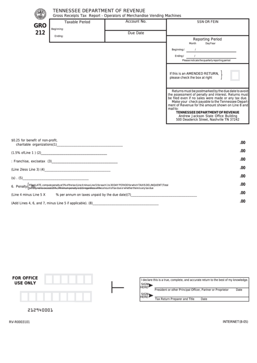 Fillable Form Gro 212 - Gross Receipts Tax Report - Operators Of Merchandise Vending Machines Printable pdf