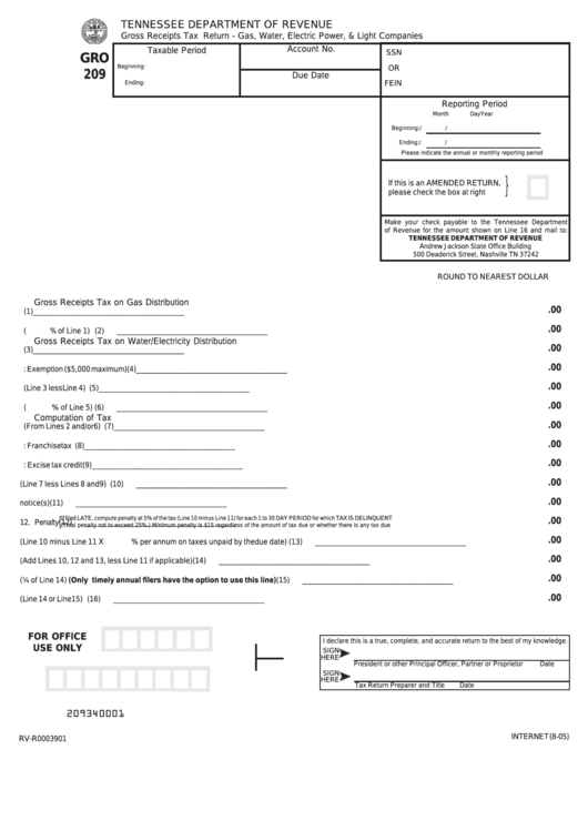 Fillable Form Gro 209 - Gross Receipts Tax Return - Gas, Water, Electric Power, & Light Companies Printable pdf